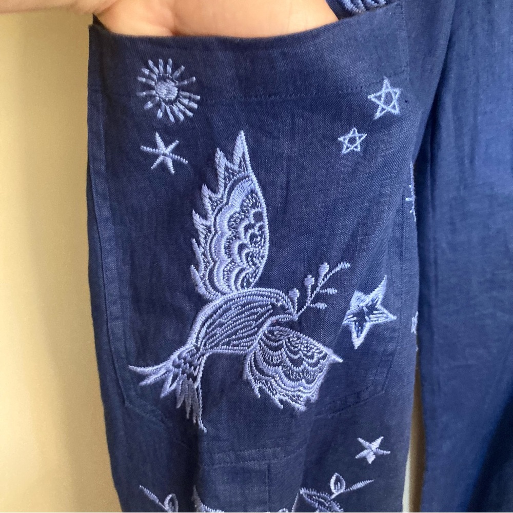 NEW Johnny Was Oleander Wide Leg Cropped Pants Tonal Embroidery Linen Blue S - Picture 8 of 15
